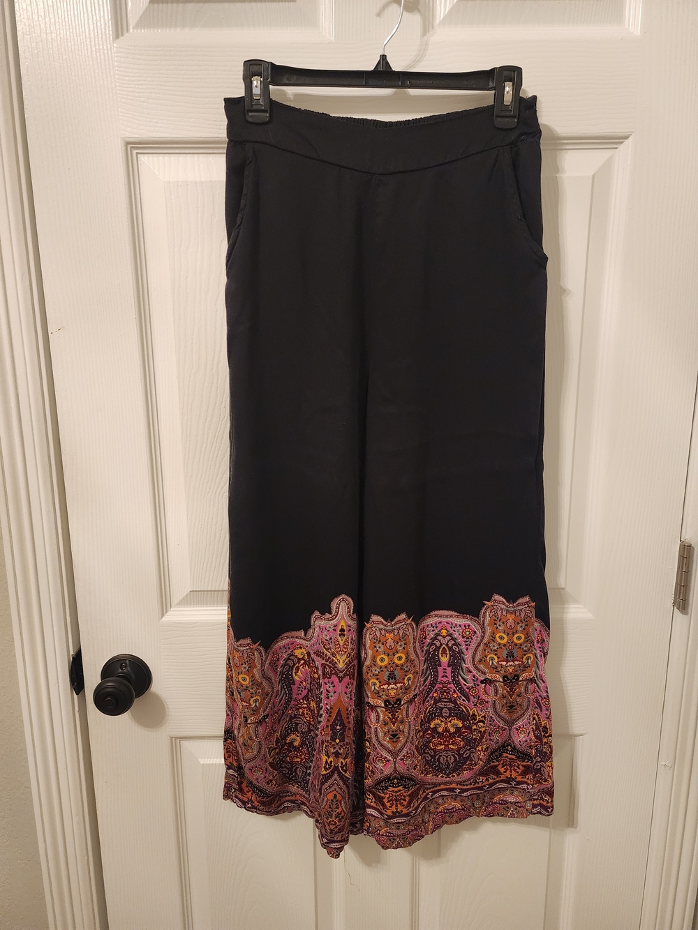 Wide-Leg Boho Black Pants with Pink Paisley Border